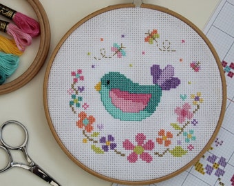 Cross Stitch Pattern By PDF Download - 'Summer Birdie' Cross Stitch Chart -  Cross Stitch Design - Instant Download PDF