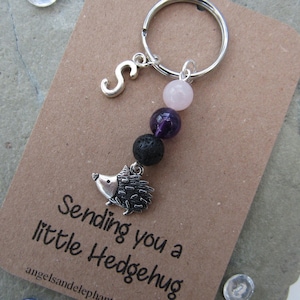 May include: A silver keyring with a small hedgehog charm, a letter 'S' charm, and beads in shades of pink, purple, and black. The keyring is attached to a card that reads "Sending you a little Hedgehug".