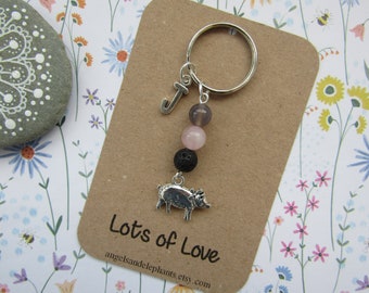 Pig Keyring, Pig Diffuser Keyring, Pig Diffuser Keychain, Gemstone, Personalized, Initial Keyring, Pig Gifts, Thank You Gifts CHOICE OF TEXT