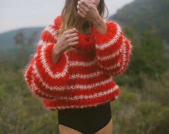 Hand knitted Mohair Jumper / Striped Jumper / Mohair Knitted Jumper / Red Jumper / Cropped Jumper / Cozy Jumper