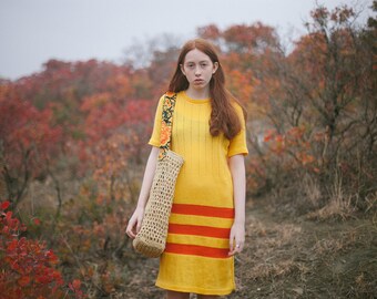 Yellow Knit Dress, Anna Karina Dress, Striped Dress, Wool Knit Dress, Vintage Knit Dress