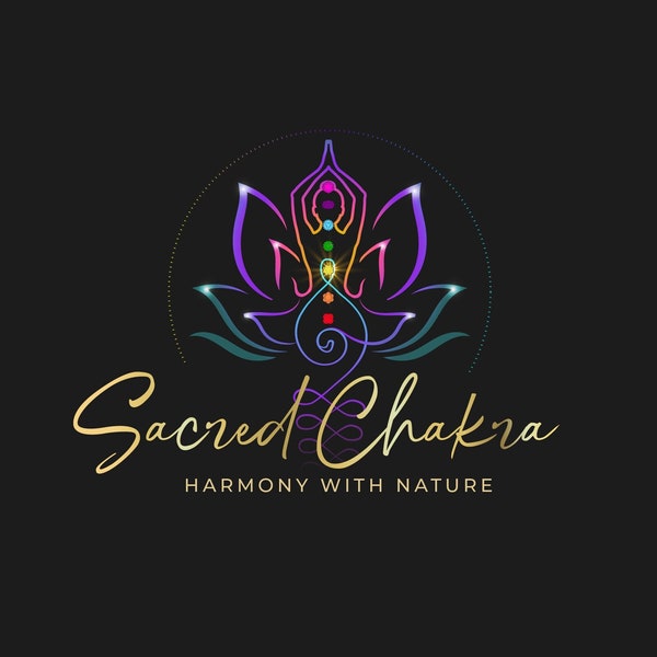 Chakra Healing Logo, Lotus Concept Design, Spiritual Branding in Gold and Black, Inner Peace and Love, Buddhism Logo, Sun Magic, Ayurveda