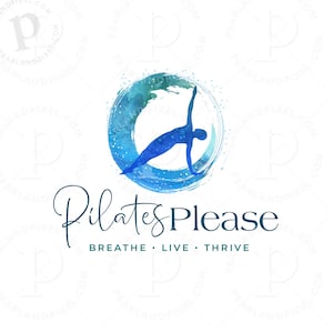 Pilates Logo Design, Blue Logo, Blue Wave Logo Design, Circle Logo Design, Health Logo, Exercise Logo, Premade Branding, Yoga Logo, Ocean