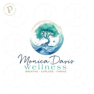 Teal Tree & Wave Logo, Abstract Ocean Logo, Holistic Wellness Branding, Premade Clinic Logo, Nature-Inspired Business Logo