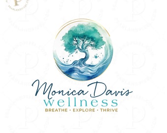 Blue Wave Tree Logo Design, Teal Spiral Logo, Abstract Ocean Logo, Premade Clinic Branding