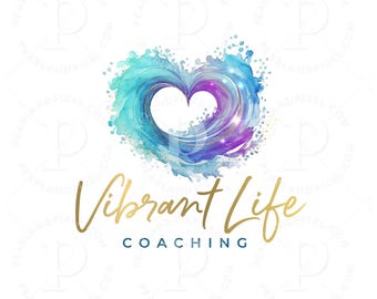 Teal Heart Wave Logo Design, Premade Wellness Branding