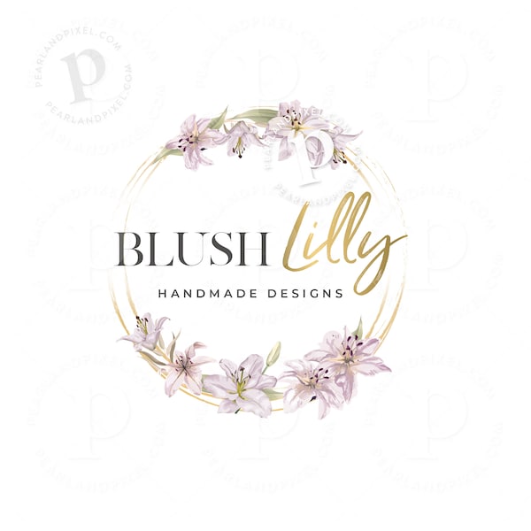 Lily Logo Design, Lilly Flower Logo, Floral Wreath Logo, Feminine Logo Design, Boutique Logo, Girly Logo, Gold and Pink Logo, Romantic