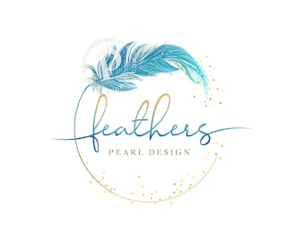 Wellness & Spiritual Logo Design,  Blue Feather with Gold Circle