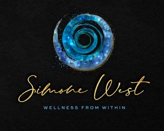 Wellness-logo-ontwerp, blauwe spiraalvormige branding, spirituele merkkit in goud