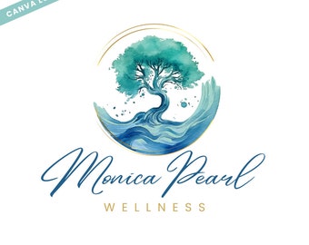 Wellness-logo sjabloon, Blue Wave Tree logo ontwerp, Teal spiraal logo, abstracte oceaan logo, Canva sjabloon direct downloaden