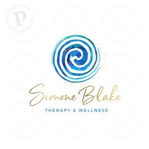 Wellness Logo, Blue Spiral Logo, Abstract Health Branding, Holistic Clinic Logo with Gold Text.
