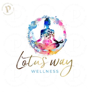 Lotus logo design, Wellbeing Branding, Gold and Teal Watercolor Design, Silhouette Yoga for Social and Print Marketing
