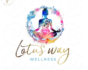 Lotus logo design, Wellbeing Branding, Gold and Teal Watercolor Design, Silhouette Yoga for Social and Print Marketing