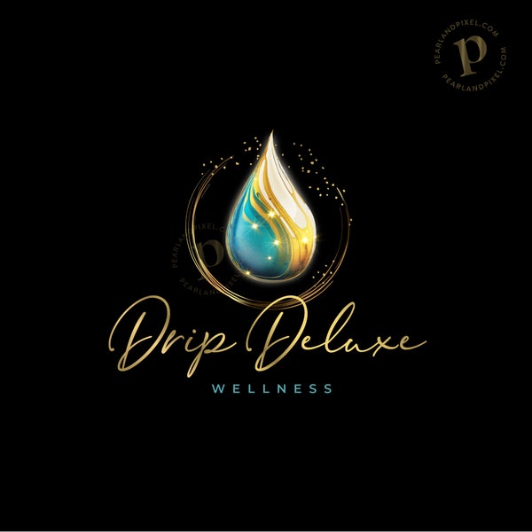 Blue Water Drop Logo, Wellness Clinic Logo, Hydration Therapy Branding, Teal Organic Logo, Health Logo Design, Gold Luxury Logo, IV Drip