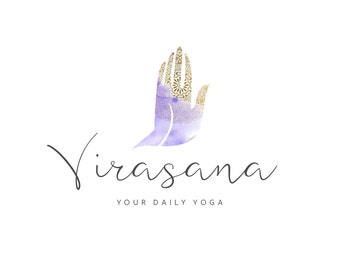 Logo Design Branding Package Premade Graphics Custom Text Yoga Hand Oriental Gold Purple Watercolor