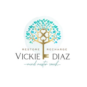 Tree and Key Logo, Mental Health Logo, Psychotherapy Logo, Brain Logo Design, Gold Key Logo, Wellness Logo, Coaching and Psychology