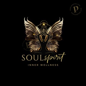 Spiritual Logo Design - Gold Lotus Meditation Silhouette with Angel Wings