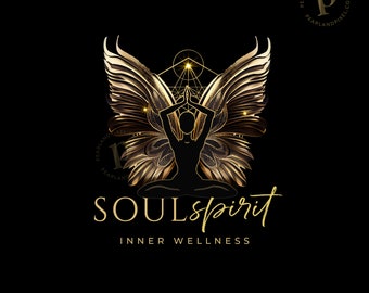 Customized Spiritual Logo Design - Gold Lotus Meditation Silhouette with Angel Wings
