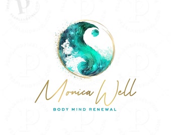 Wellness Logo, Yin Yang Logo, Health Branding Design, Teal and Gold Wave Logo, Circle Watercolor Business Logo, Therapy Logo, Ocean