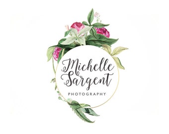 Botanical Logo Design Branding Package Premade Graphics Custom Text Grey Watercolour Pink Floral Circle