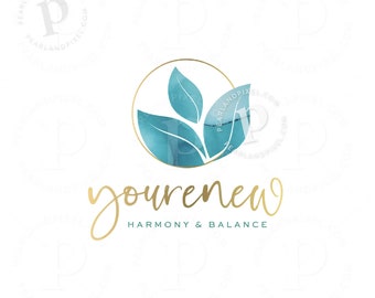 Health Logo Design, Wellness Branding Kit, Green and Teal Blue Watercolor Leaf with gold font