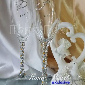 Personalized Wedding Champagne Toasting Glasses Flutes Bling Swarovski Crystal Glass Brilliant Sparkle Flute Gold Rhinestones Strass Bright