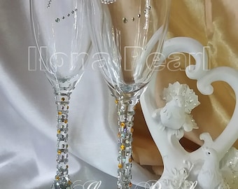 Gepersonaliseerde bruiloft Champagne toasting glazen fluiten bling Swarovski kristal glas briljante Sparkle fluit gouden Strass Strass Bright