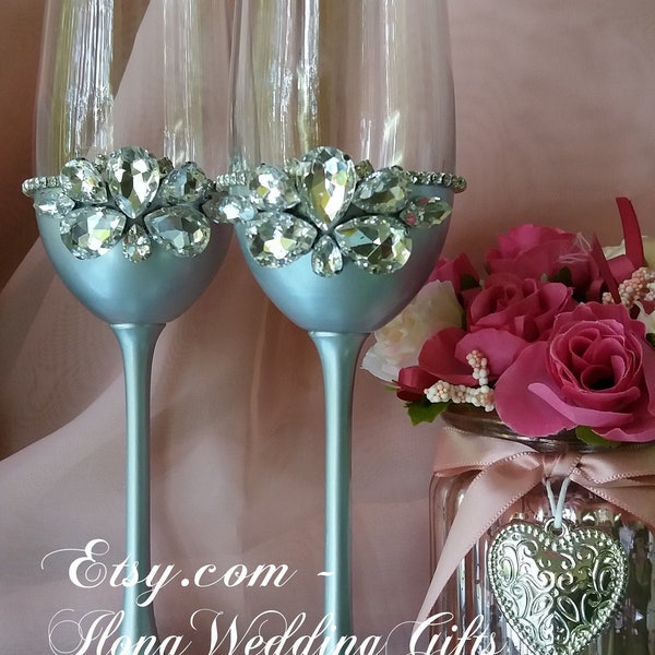 Personalized Wedding Swarovski Crystals Strass Champagne Wine Glasses Flutes Tall Clear Big Jewel Stones Ceremony Cocktail Classic Nice Gift