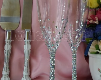 Personalized Swarovski Crystal Wedding Glasses Cake Server Knife Set Flutes Wine Champagne Toasting Mr Mrs Bride Groom Lovers Gift Idea