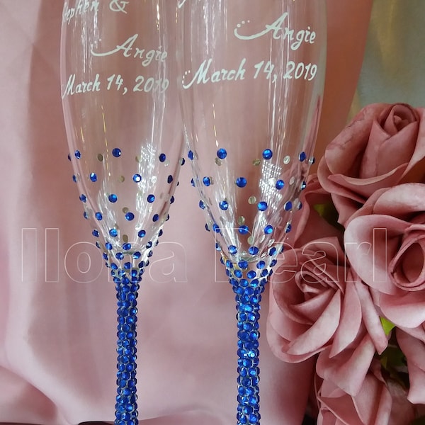 Royal Blue Swarovski Crystal Wedding Glasses Bling Stones Wine Champagne Personalized Toasting Flutes Mr Mrs Bride Groom Marriage Jubilee
