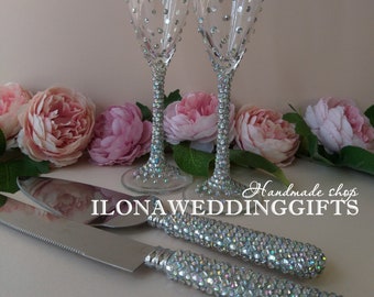 Personalized Wedding Bling Toasting Champagne Glasses Flutes Swarovski Crystals Cake Server Knife Brilliant Boho Style Tall Romantic Magic