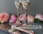 Rose Gold Flutes Personalized Bling Glass Champagne Wedding Toasting Swarovski Crystals Cake Server Knife Shabby Chic Boho Style Romantic