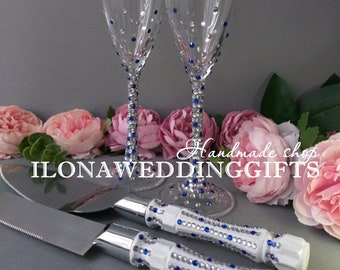 Personalized Royal Blue Champagne Wedding Toasting Flutes Swarovski Crystals Bling Glasses Cake Server Knife Shabby Chic Boho Style Romantic