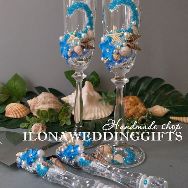Beach Wedding Toasting Flutes Personalized Champagne Wine Glasses Cake Server Knife Ocean Sea Turquoise Sparkle Teal Tall Aqua Votive Modern