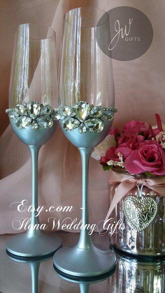 Personalized Wedding Swarovski Crystals Strass Champagne Wine Glasses  Flutes Tall Clear Big Jewel Stones Ceremony Cocktail Classic Nice Gift -   Singapore