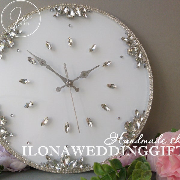 Weiße Silber Wanduhr Bling Swarovski Kristall Custom Silent House Dekor Dekor Dekor Elegant Strass Luxus Geburtstag Hochzeit Geschenk Mosaik