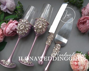 Personalized Swarovski Crystals Wedding Toasting Champagne Glasses Flutes Cake Server Knife Bling Boho Style Lavender Tall Romantic Clear