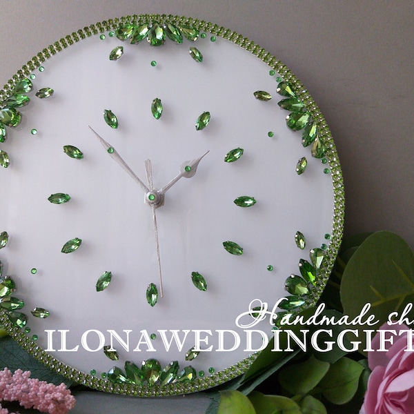 Green Wall Clock Bling Swarovski Crystals Diamond Silent Home Decor Decorative Elegant Apartment Business Anniversary Wedding Grandma Gift