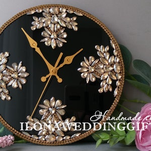 Black and Gold Clock Wall Desk Bling Sparkle Swarovski Crystals Silent House Home Decor Decorative Elegant Wedding Anniversary Birthday Gift