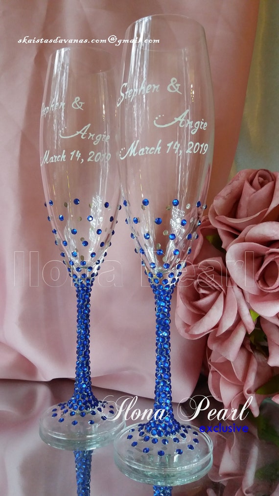 Crystal Navy toasting flutes set of 2. Engraved Wedding glasses for bride  and groom.