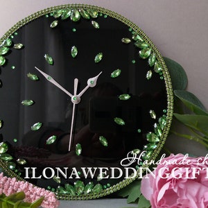 Modern Green Clock Wall Desk Bling Silent Swarovski Crystals Elegant Awesome Home Decor Decorative Luxury Anniversary Birthday Perfect Gift