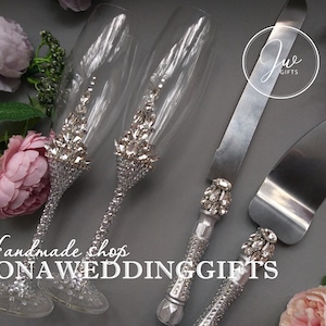 Personalized Wedding Bling Toasting Champagne Glasses Flutes Swarovski Crystals Cake Server Knife Brilliant Boho Style Tall Romantic Magic