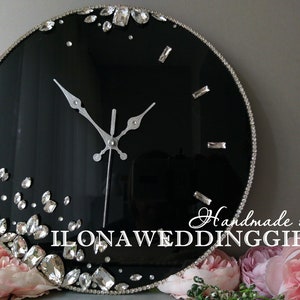 Modern Black Clock Swarovski Crystal Bling Silent Round Wall Art Decor Elegant Style Luxury Minimalist Decorative Quiet Home House Accessory