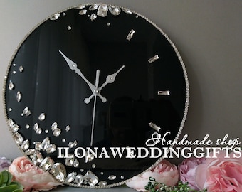 Modern Black Clock Swarovski Crystal Bling Silent Round Wall Art Decor Elegant Style Luxury Minimalist Decorative Quiet Home House Accessory