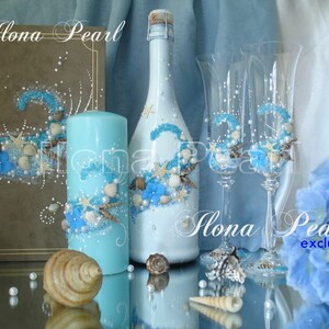 Beach Wedding Flutes Personalized Toasting Champagne Wine Glasses Ocean Sea Turquoise Unique Sparkle Gift Idea Teal Tall Aqua Votive Modern