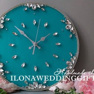 Turquoise Clock Swarovski Crystal Bling Silent Round Wall Decor Elegant Modern Style Luxury Minimalist Decorative Quiet Home House Accessory