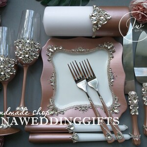Bling Toasting Flutes Swarovski Wedding Champagne Glass Crystal Cake Server Knife Plate Shabby Chic Boho Style Romantic Day Diamond Candles