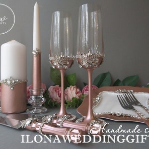 Rose Gold Flutes Personalized Wedding Champagne Toasting Glasses Swarovski Crystals Cake Server Knife Plate Shabby Chic Boho Style Romantic