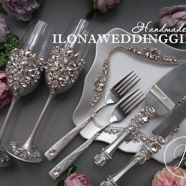 Silver Toasting Flutes Personalized Wedding Swarovski Champagne Glasses Crystal Gems Cake Server Knife Plate Shabby Chic Boho Style Romantic