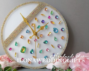 Reloj de pared de arcoíris, escritorio, cristales Swarovski silenciosos, decoración de vida colorida, diamantes de imitación decorativos, regalo de boda de aniversario de lujo